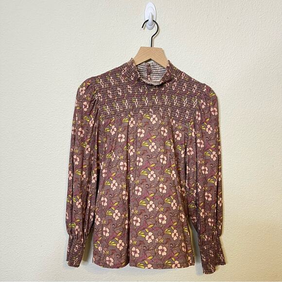 Nation LTD Sandrine Boheme Tee Floral Smocked Open Back Long Sleeve Blouse L - Picture 3 of 7